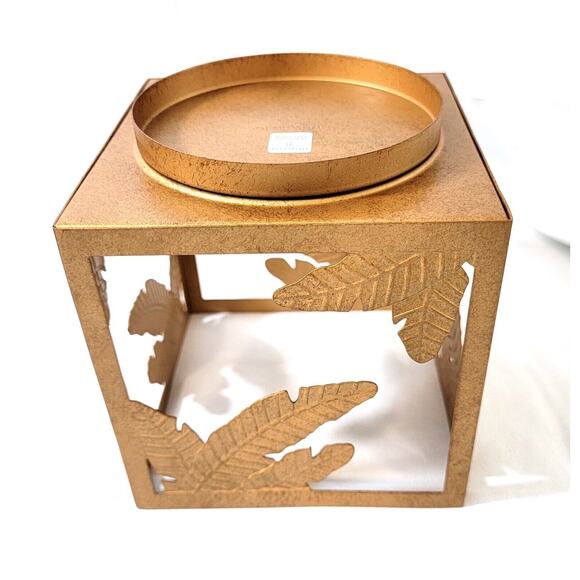 New Partylite Gold Square Metal Jar Candle Holder P92779 Leaves NIB - Picture 5 of 10